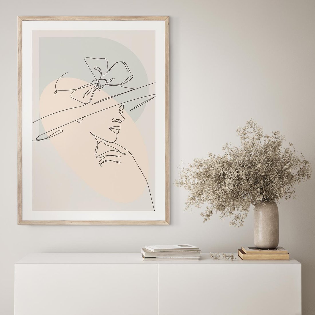 Plakat w ramie 30x40 - Twarz Kobiety w Pastelach - minimalistyczna grafika, pastelowe tłó - rama drewno