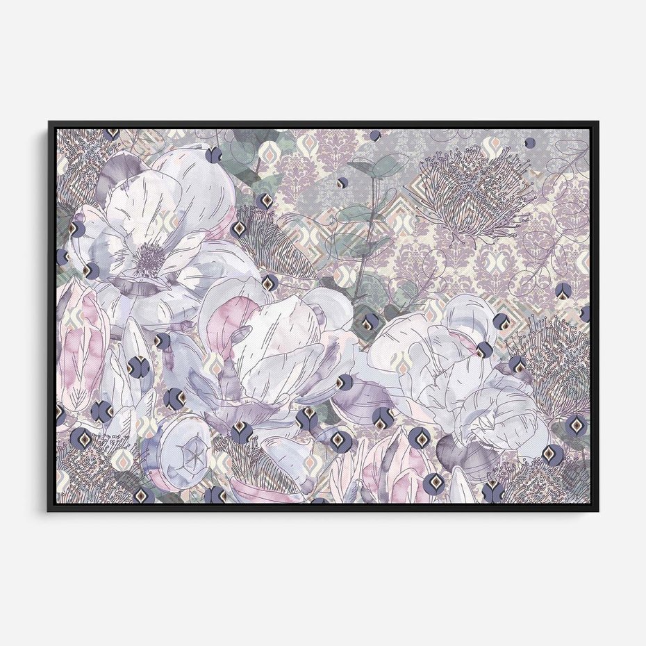 Obraz w ramie 70x50 - Malowane oddechy istnienia - pomieszane tekstury, kwiatowe elementy - rama czarna