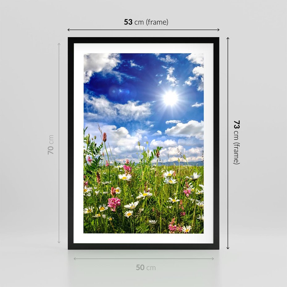 Plakat w ramie 50x70 - Niebiańska łąka pełna kwiatów - łąka, niebo - rama czarna