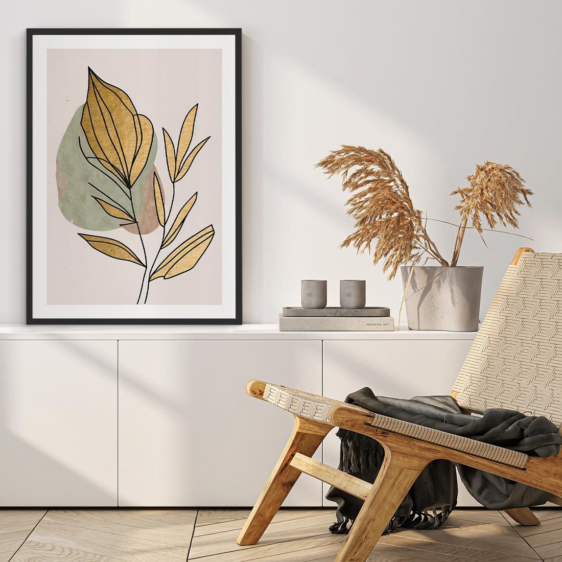 Plakat w ramie 50x70 - Rozkwitające Wnętrza Światła - abstrakcyjny obraz boho, liście - rama czarna