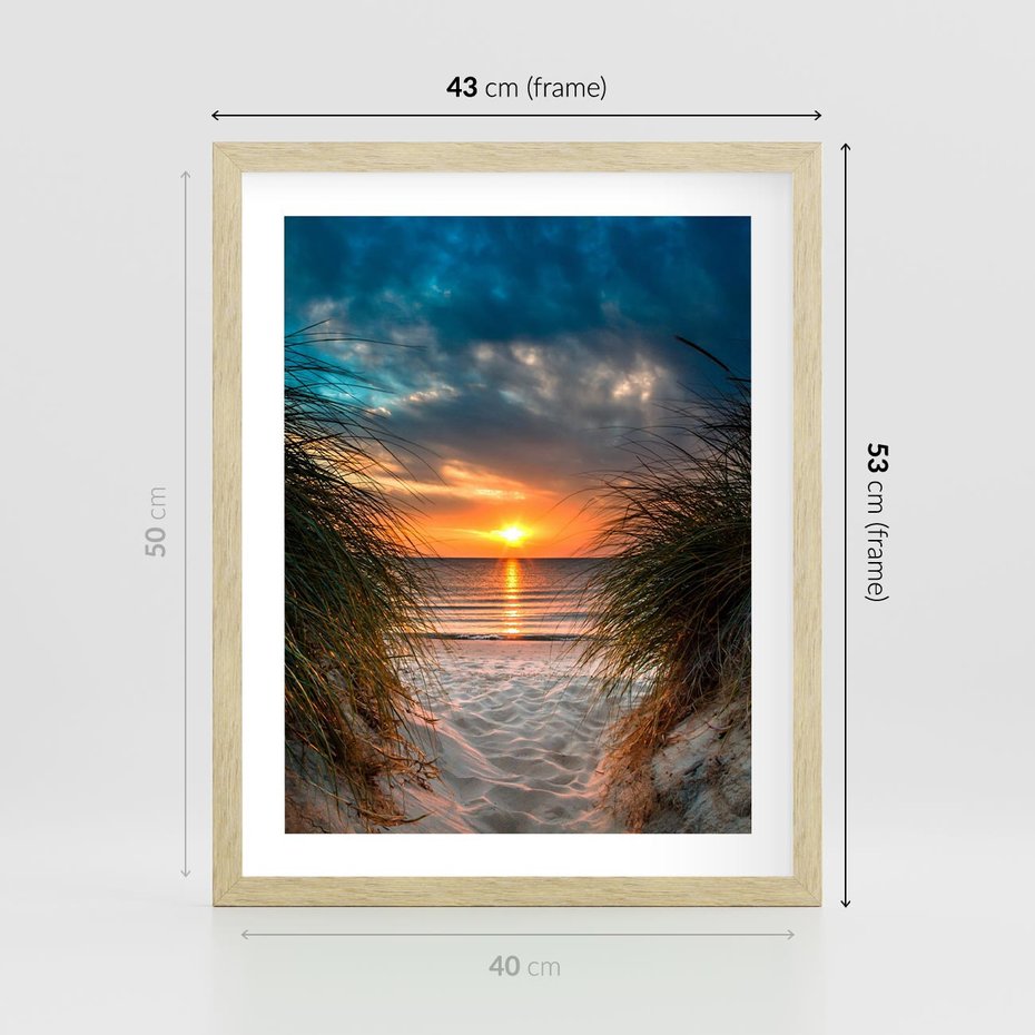 Plakat w ramie 40x50 - Magia zachodu słońca na plaży - zachód, słońca - rama drewno