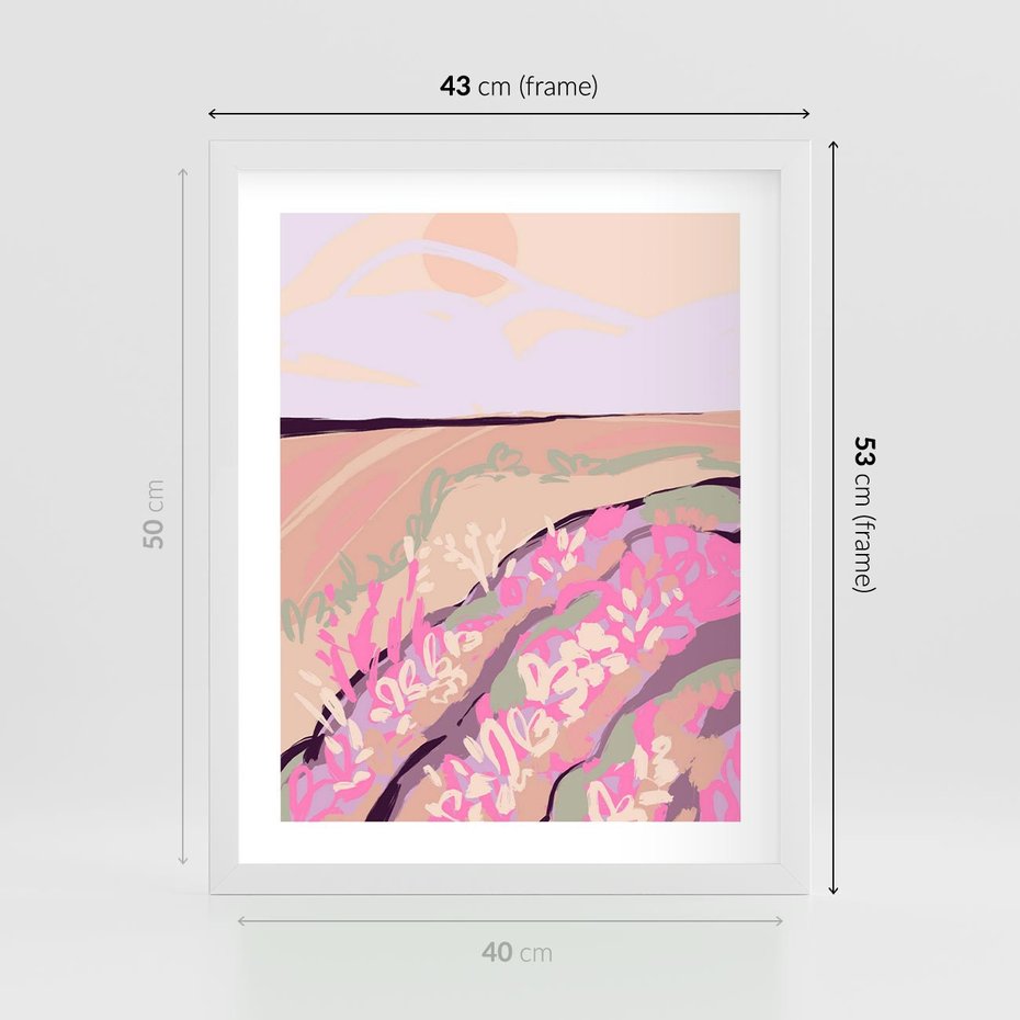 Plakat w ramie 40x50 - Harmonijny Świt - pastelowy krajobraz, nowoczesny plakat - rama biała