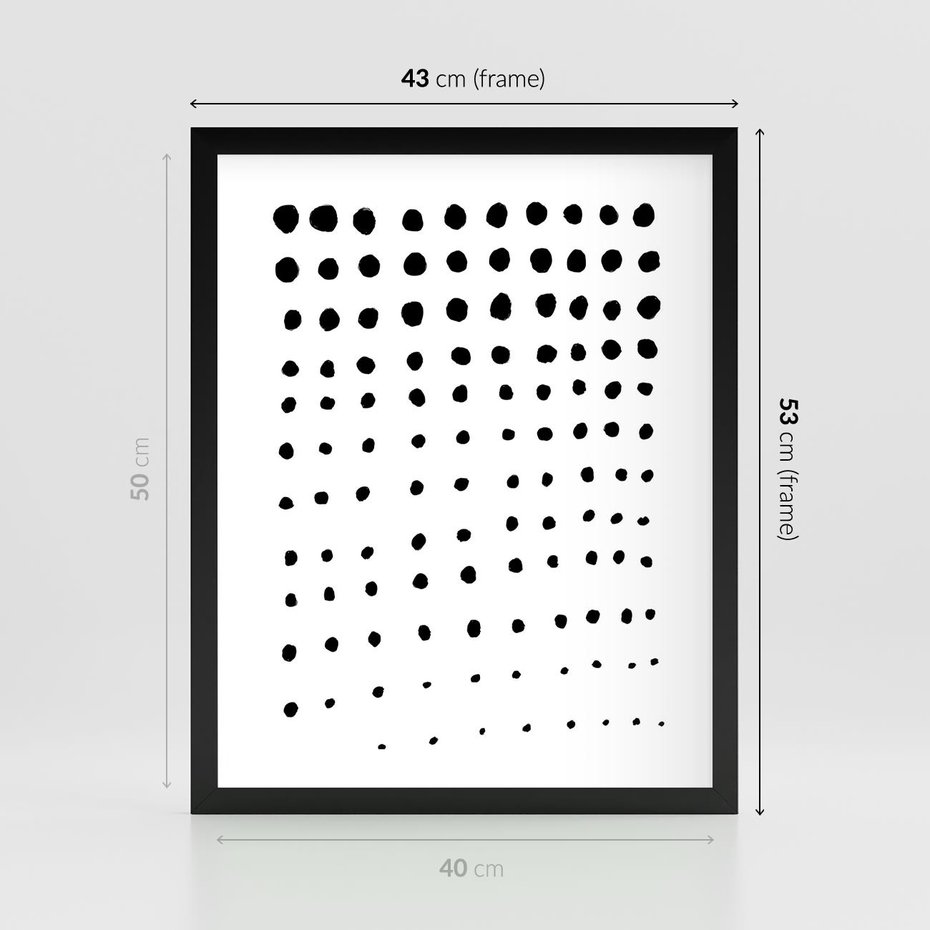 Plakat w ramie 40x50 - Abstrakcyjna Transformacja - abstrakcyjna kompozycja z czarnych kropek, minimalistyczny czarno bialy plakat - rama czarna