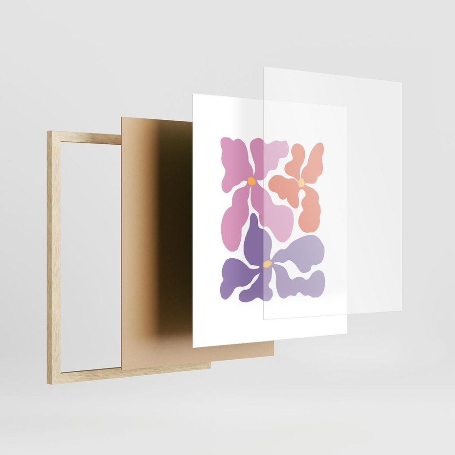 Plakat w ramie 40x50 - Bezgraniczne Wibracje - abstrakcyjne kolorowe kwiaty, minimlizm - rama drewno