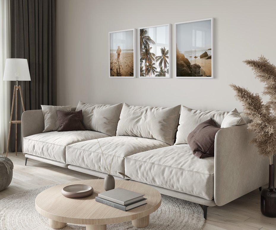 Zestaw obrazy w ramie 40x50 galeria - Plaża, palmy, zachód, słońca, morze - rama biała