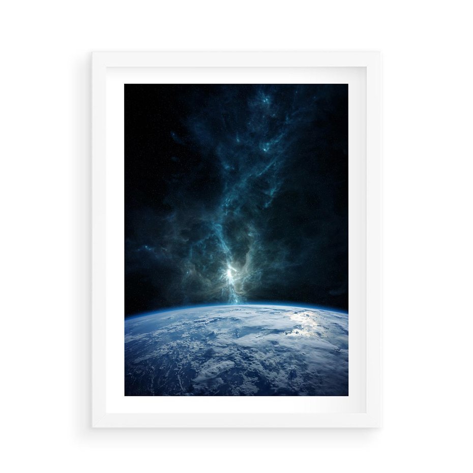 Plakat w ramie 50x70 - Wędrówka przez galaktyki - ziemia, kosmos - rama biała