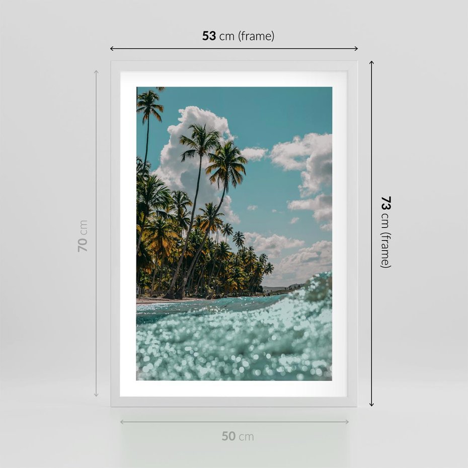 Plakat w ramie 50x70 - Rajskie Wakacje - plaża, palmy - rama biała