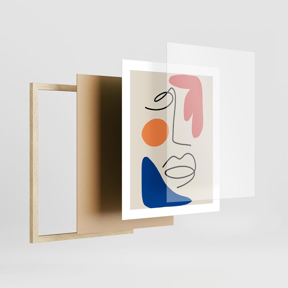 Plakat w ramie 40x50 - Rozbijające Granice Kształtów - abstrakcyjny obraz, przypomina twarz - rama drewno