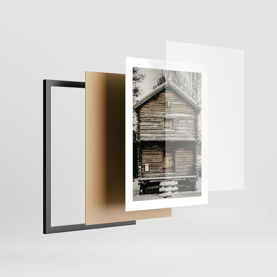 Plakat w ramie 30x40 - Stary Drewniany Dom w Śniegu - stary drewniany dom, zima - rama czarna