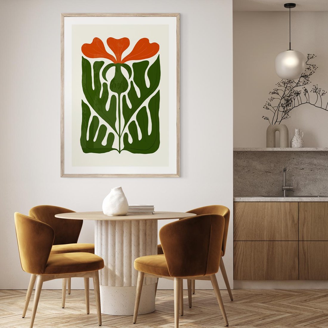 Plakat w ramie 30x40 - Minimalistyczny Urok Kwiatu - kwiat, sztuka nowoczesna - rama drewno