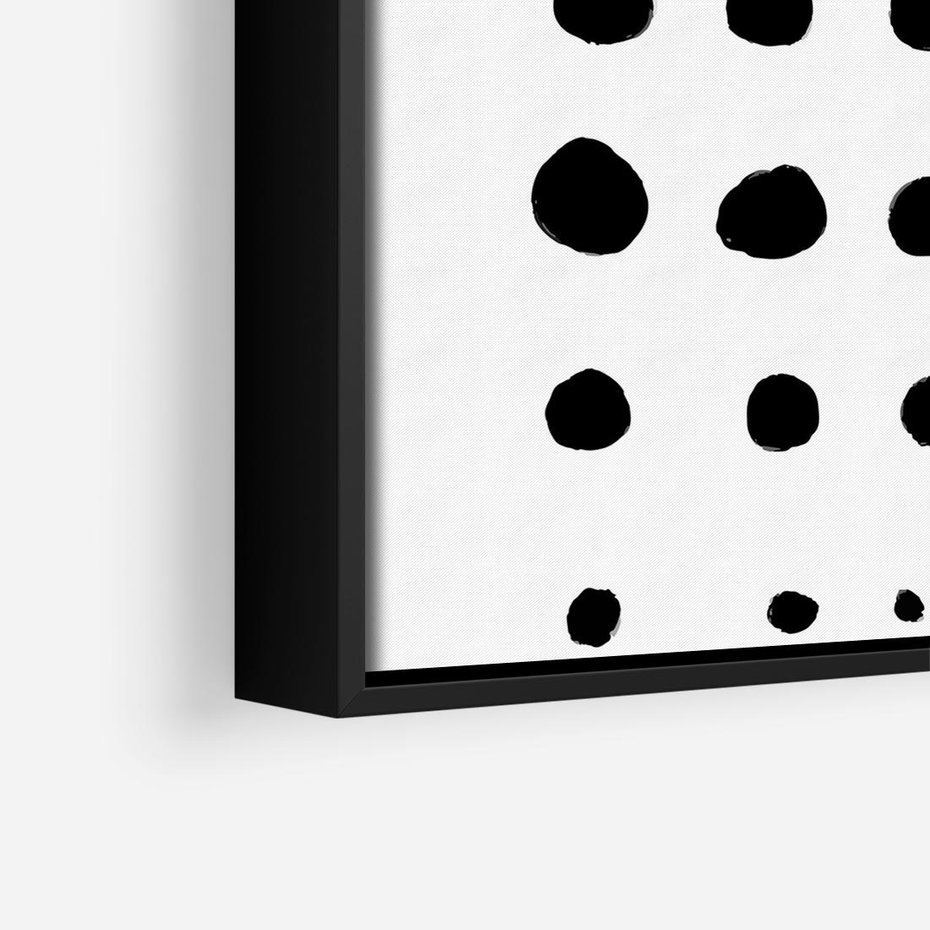 Obraz w ramie 50x50 - Refleksje Światła - minimalistyczna kompozycja, czarne kropkina białym tle - rama czarna