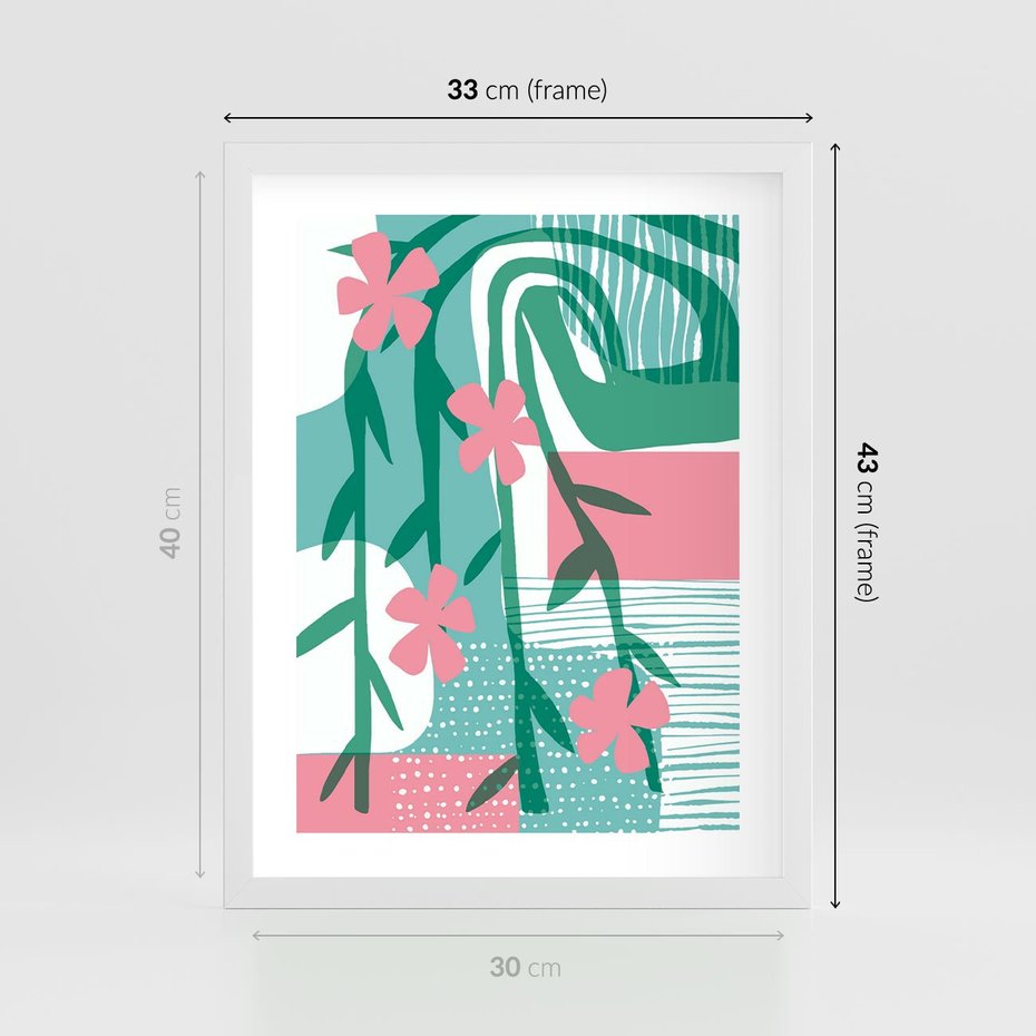 Plakat w ramie 30x40 - Rozkwitające Harmonie Form - abstrakcyjne pastelowe kwiaty, nowoczesna sztuka - rama biała