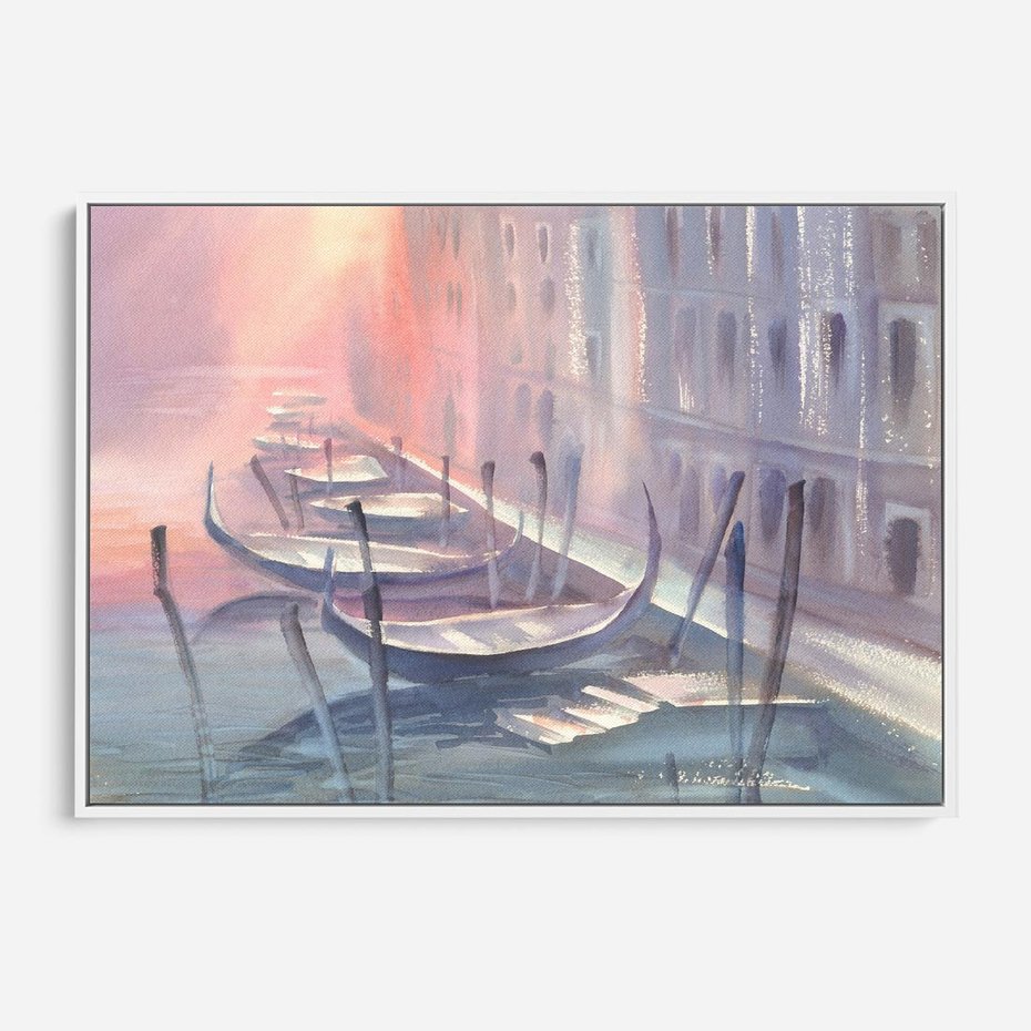 Obraz w ramie 120x80 - Romantyczne Zachody - akwarelowy rysunek, stonowane pastelowe kolory - rama biała