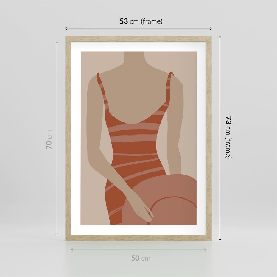 Plakat w ramie 50x70 - Kobiece Retro - minimalistyczny boho plakat, retro kobieta w stroju kąpielowym - rama drewno