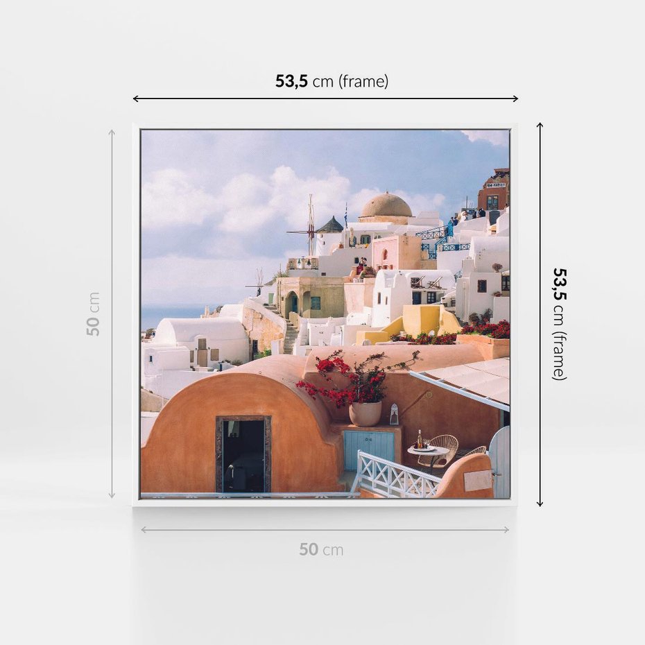 Obraz w ramie 50x50 - Błękit Morza i Białe Domki - Santorini, wyspa - rama biała