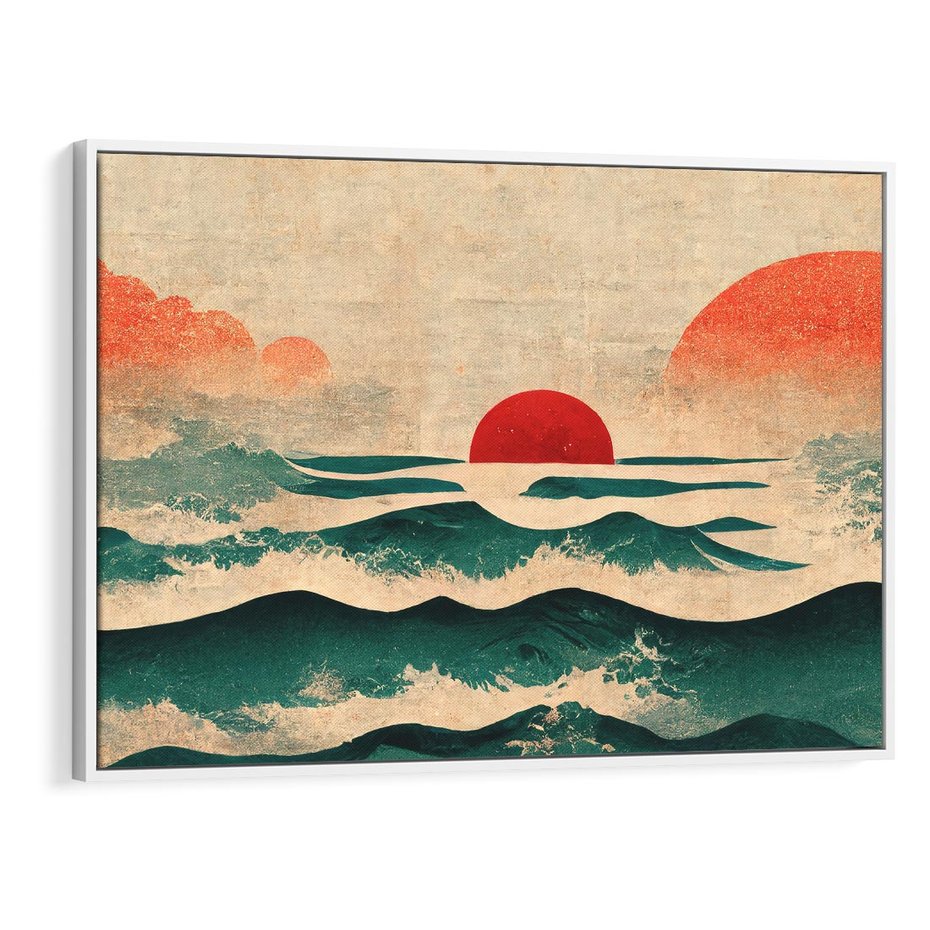 Obraz w ramie 120x80 - Czerwone Melodie - japońska sztuka, zachód słońca nad oceanem - rama biała