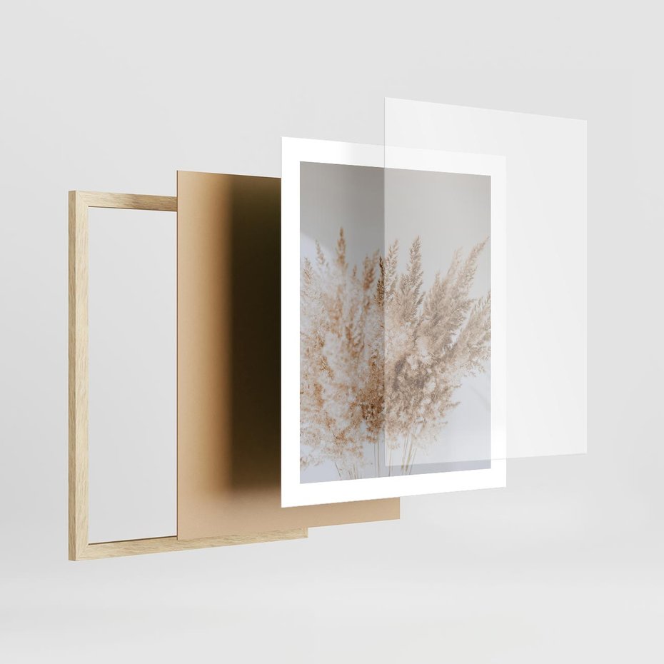 Plakat w ramie 40x50 - Boho Urok Traw Pampasowych - suche trawy, pampas - rama drewno