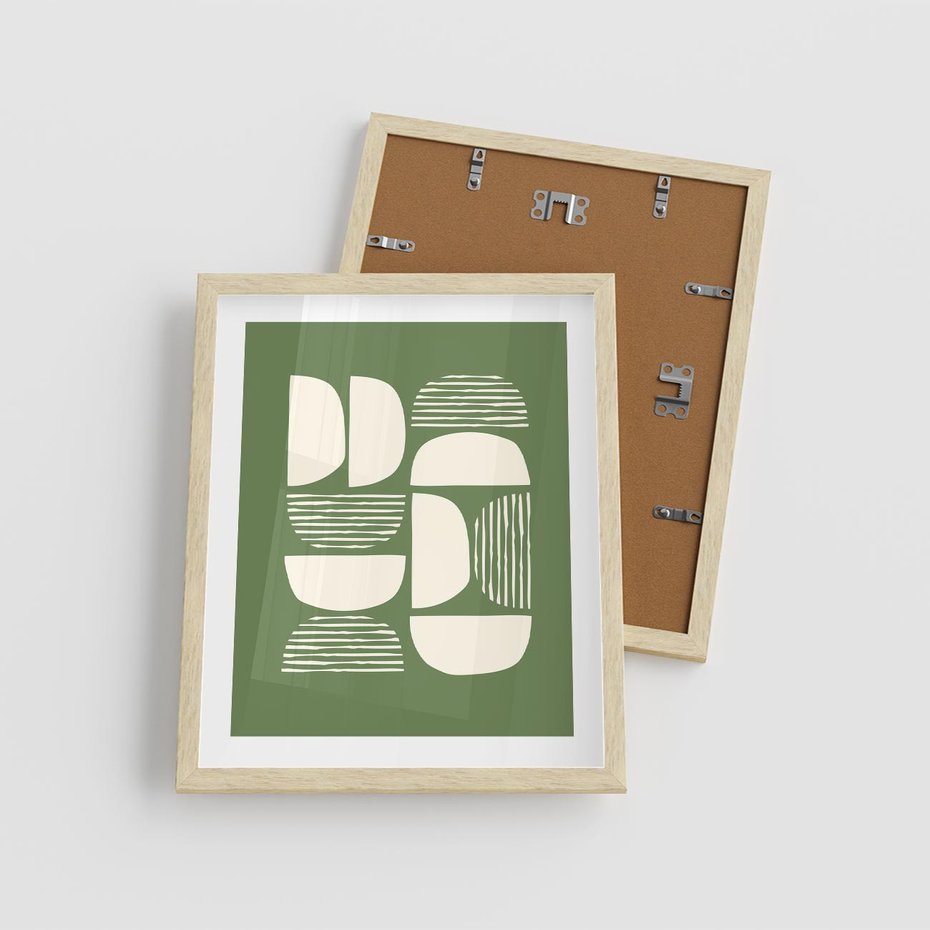 Plakat w ramie 40x50 - Migotliwe Formy - geometryczne boho kształty na brązowym, oliwkowym tle - rama drewno