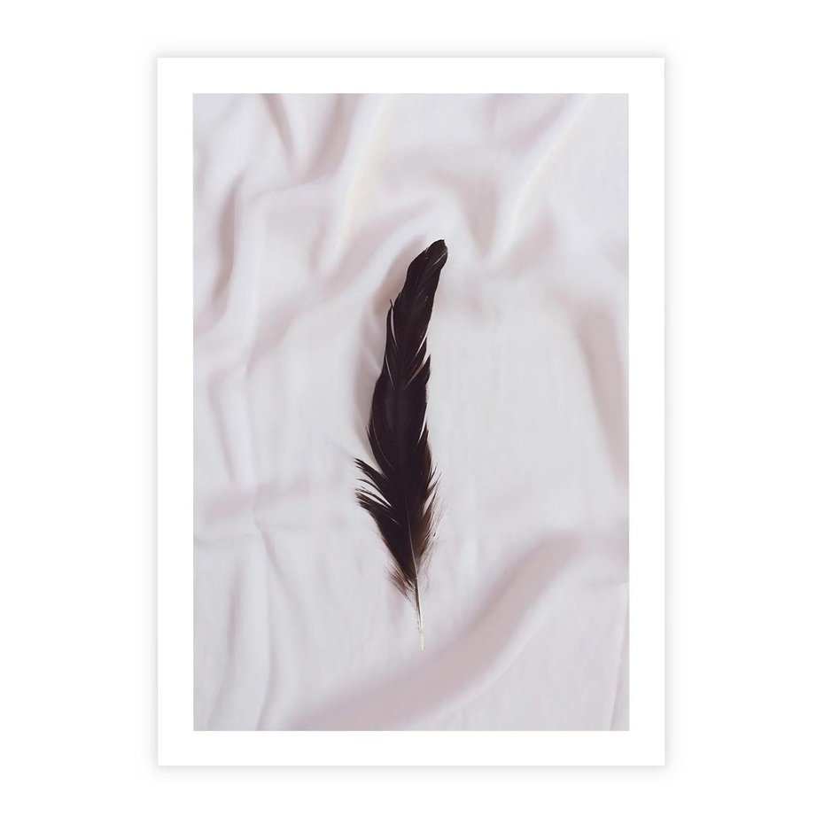 Plakat bez ramy 21x30 - Prosta Elegancja - czarne pióro na białej pościeli, minimalizm