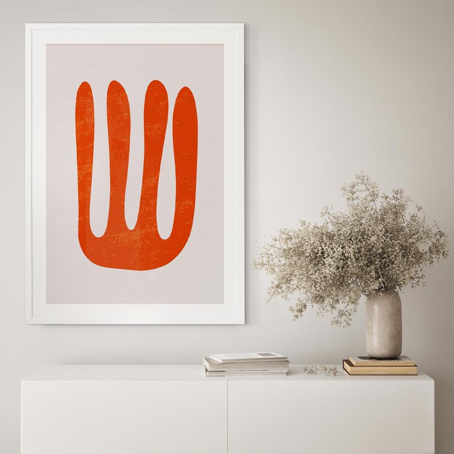 Plakat w ramie 40x50 - Eksploracja Nowego Światła - abstrakcyjna pomarańczowa forma, minimalizm - rama biała