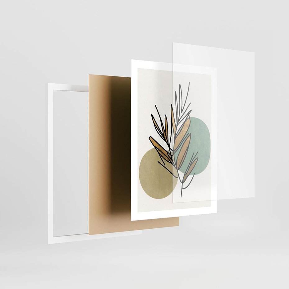 Plakat w ramie 50x70 - Migocące Ścieżki Wizji - abstrakcyjny obraz boho, liście - rama biała