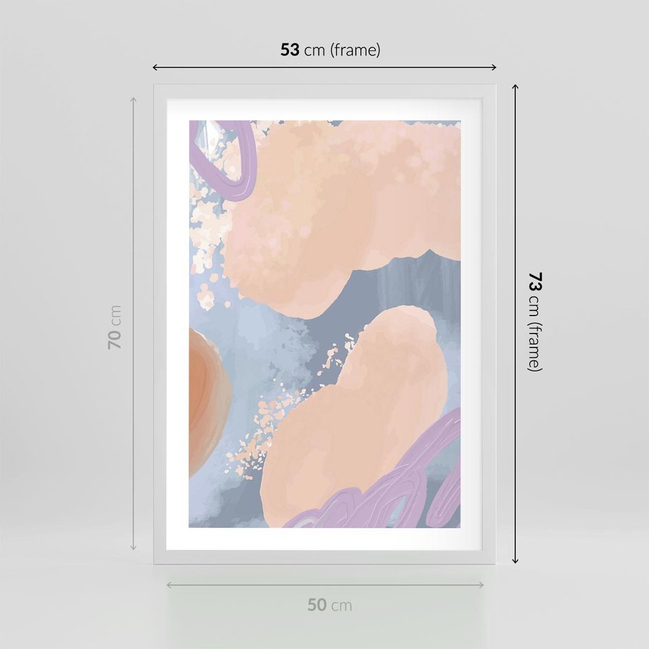 Plakat w ramie 50x70 - Przenikanie Niecodziennych Form - abstrakcyjne akwarelowe plamy, pastele - rama biała