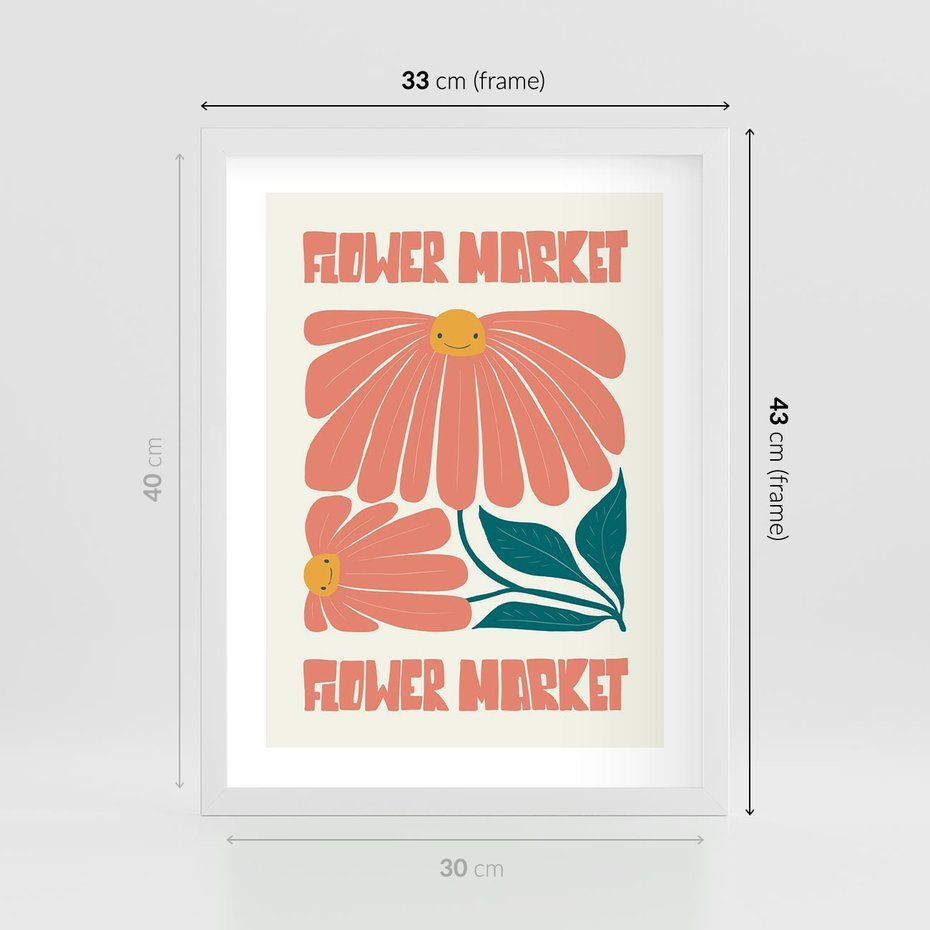 Plakat w ramie 30x40 - Retro Radość - typografia, wesołe kwiaty - rama biała
