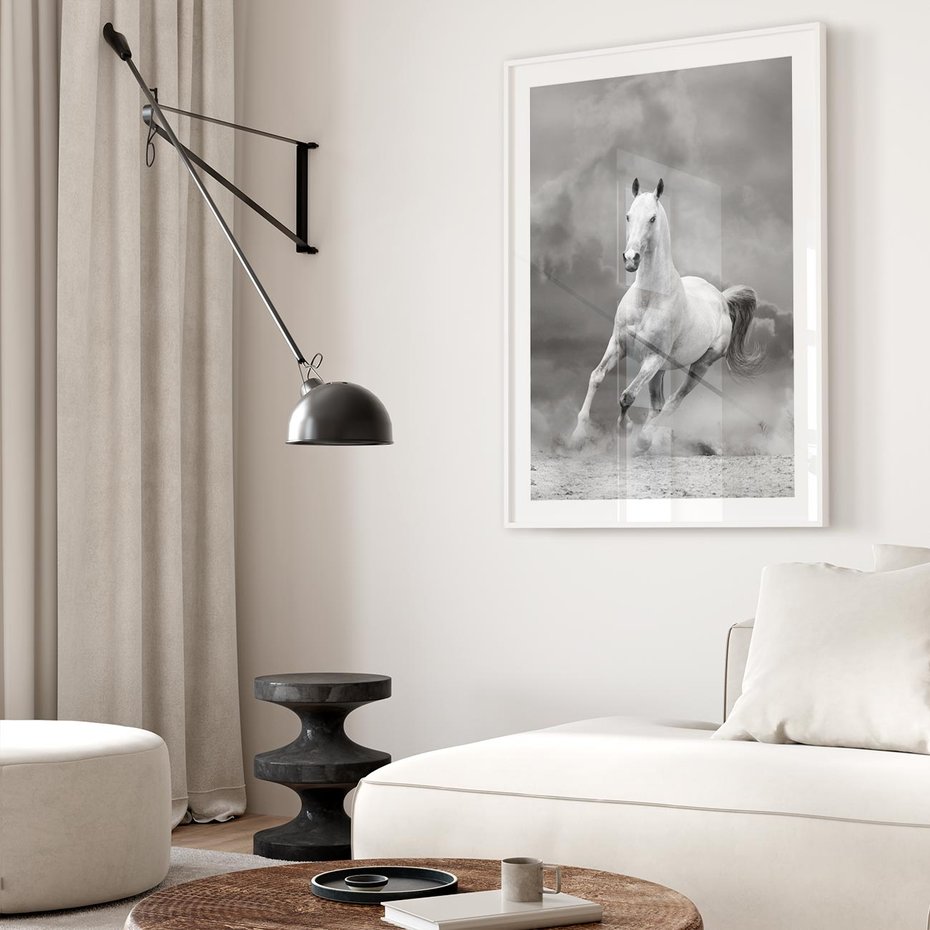 Plakat w ramie 30x40 - Elegancja w Czarno-Białym - koń, biało - rama biała