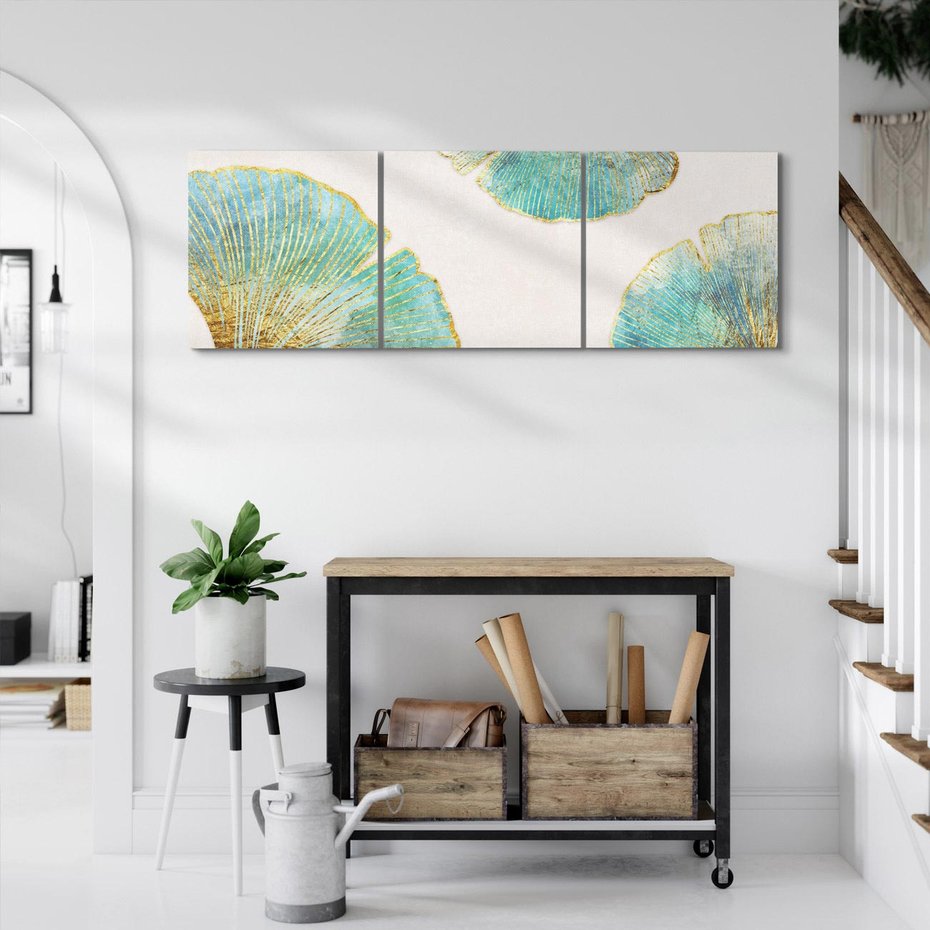 Obraz na płótnie 90x30 - Złota Melodia Liści - złote, turkusowe liście miłorzębu