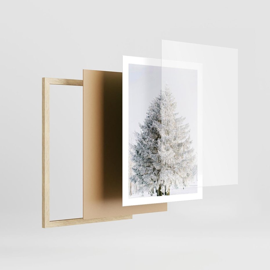 Plakat w ramie 50x70 - Zimowa Poezja w Ośnieżonym Drzewie - ośnieżone drzewo, zima - rama drewno