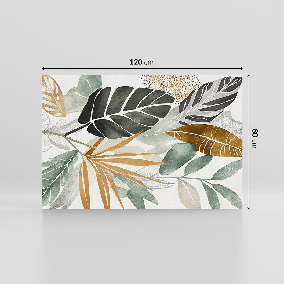 Obraz na płótnie 120x80 - Współbrzmienie wewnętrznego ja - kompozycja z tropikalnych liści, stonowane kolory