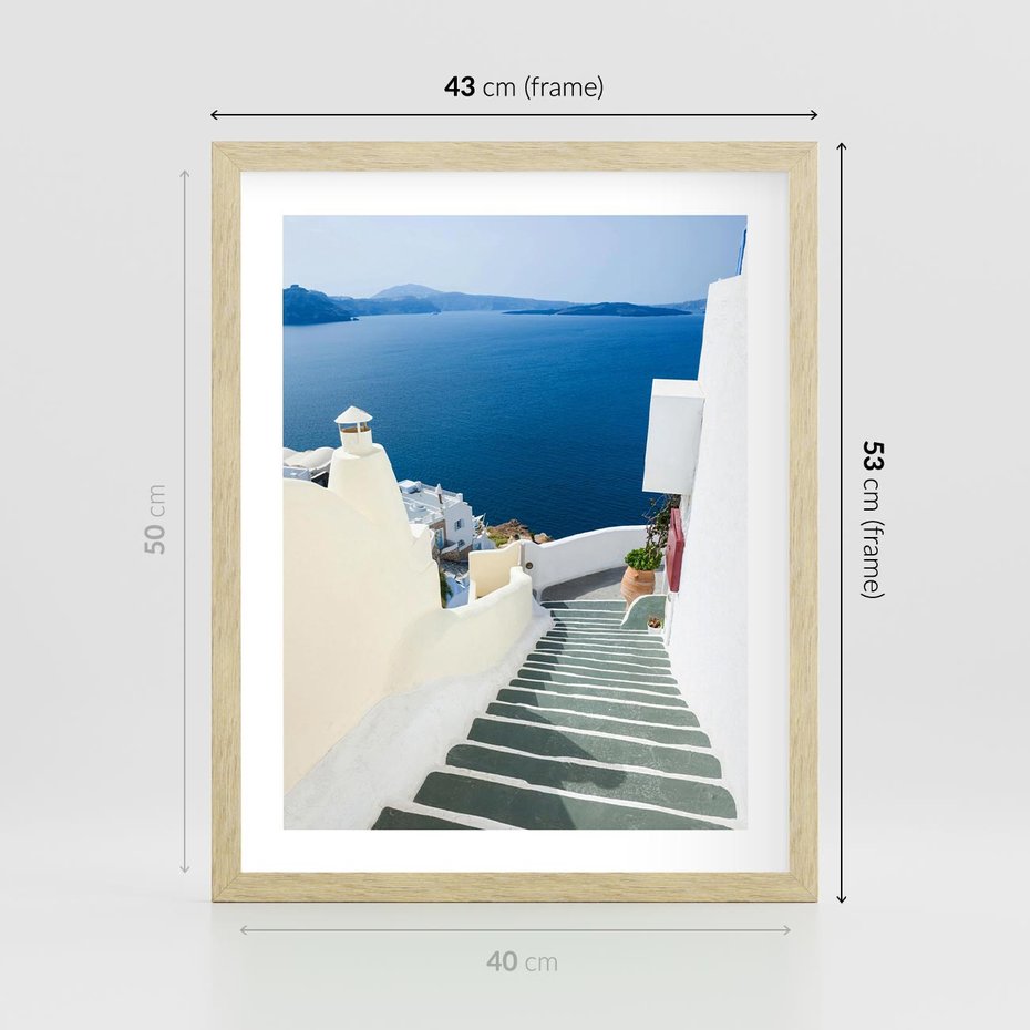 Plakat w ramie 40x50 - Malowniczy urok wyspy - Santorini, schodki - rama drewno