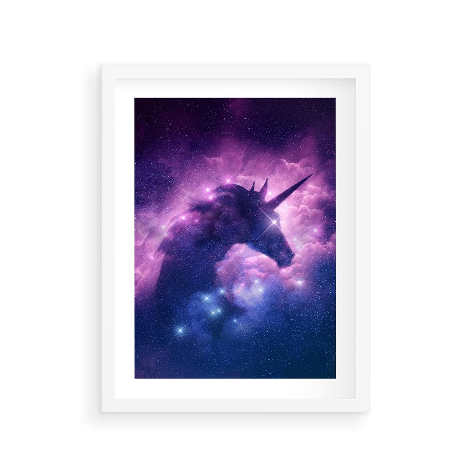 Plakat w ramie 30x40 - Mityczna podróż - kosmos, jednorożec - rama biała