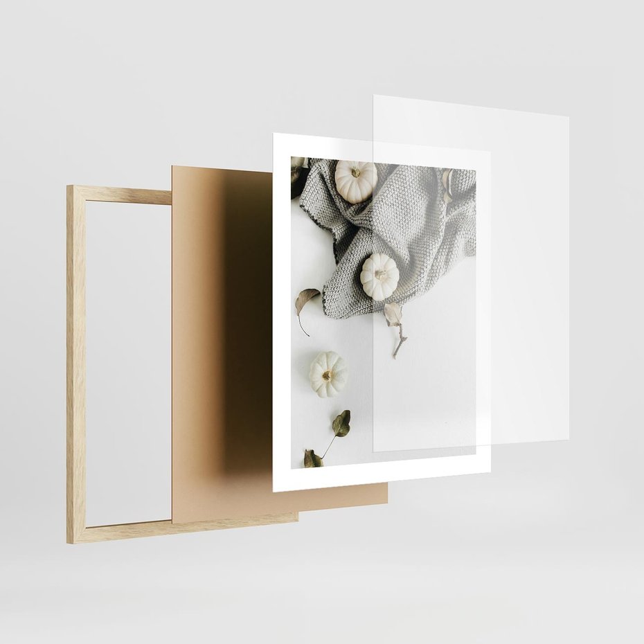 Plakat w ramie 40x50 - Białe Dynie i Przytulny Koc - kompozycja jesienna, białe dynie - rama drewno