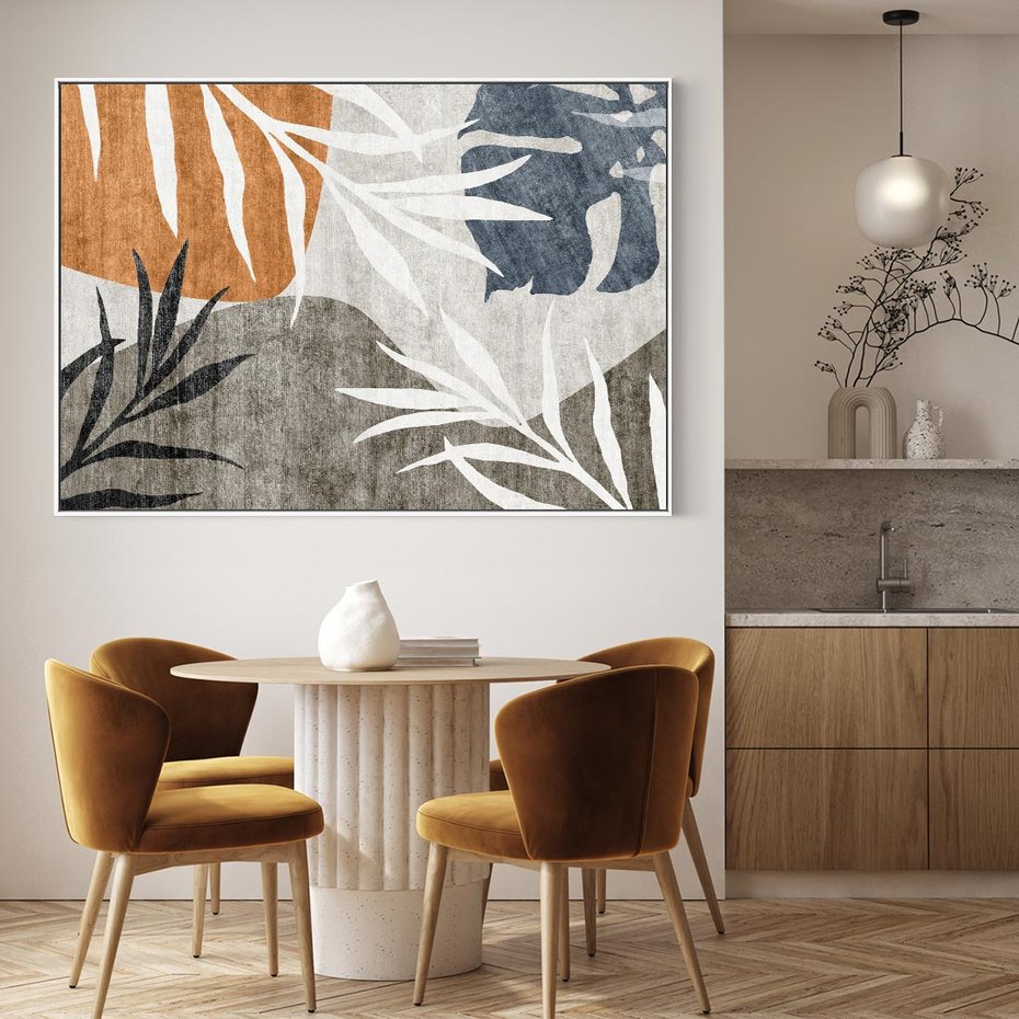 Obraz w ramie 100x70 - Oddechy ciszy i ruchu - rzut liści palmy, monstery - rama biała