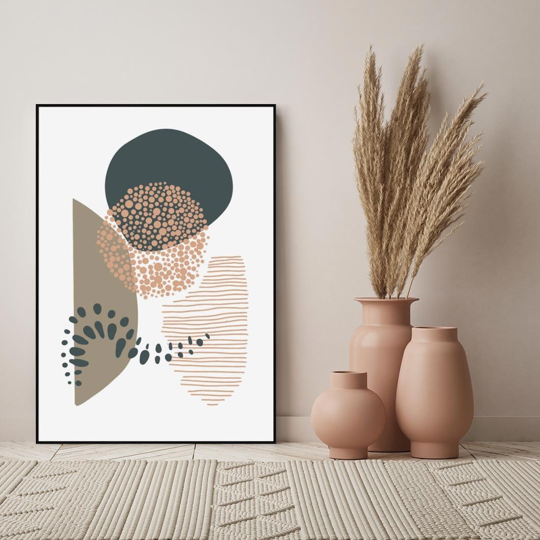 Obraz w ramie 70x100 - Harmonia Akwarelowych Przestrzeni - abstrakcyjna kompozycja z kropek kresek i kółek, odcienie brązu i beżu - rama czarna