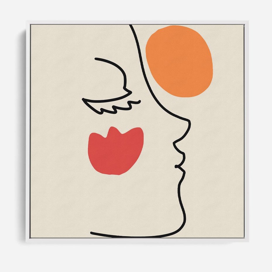 Obraz w ramie 80x80 - Taniec Przenikających Plam - abstrakcyjny obraz, przypomina twarz - rama biała