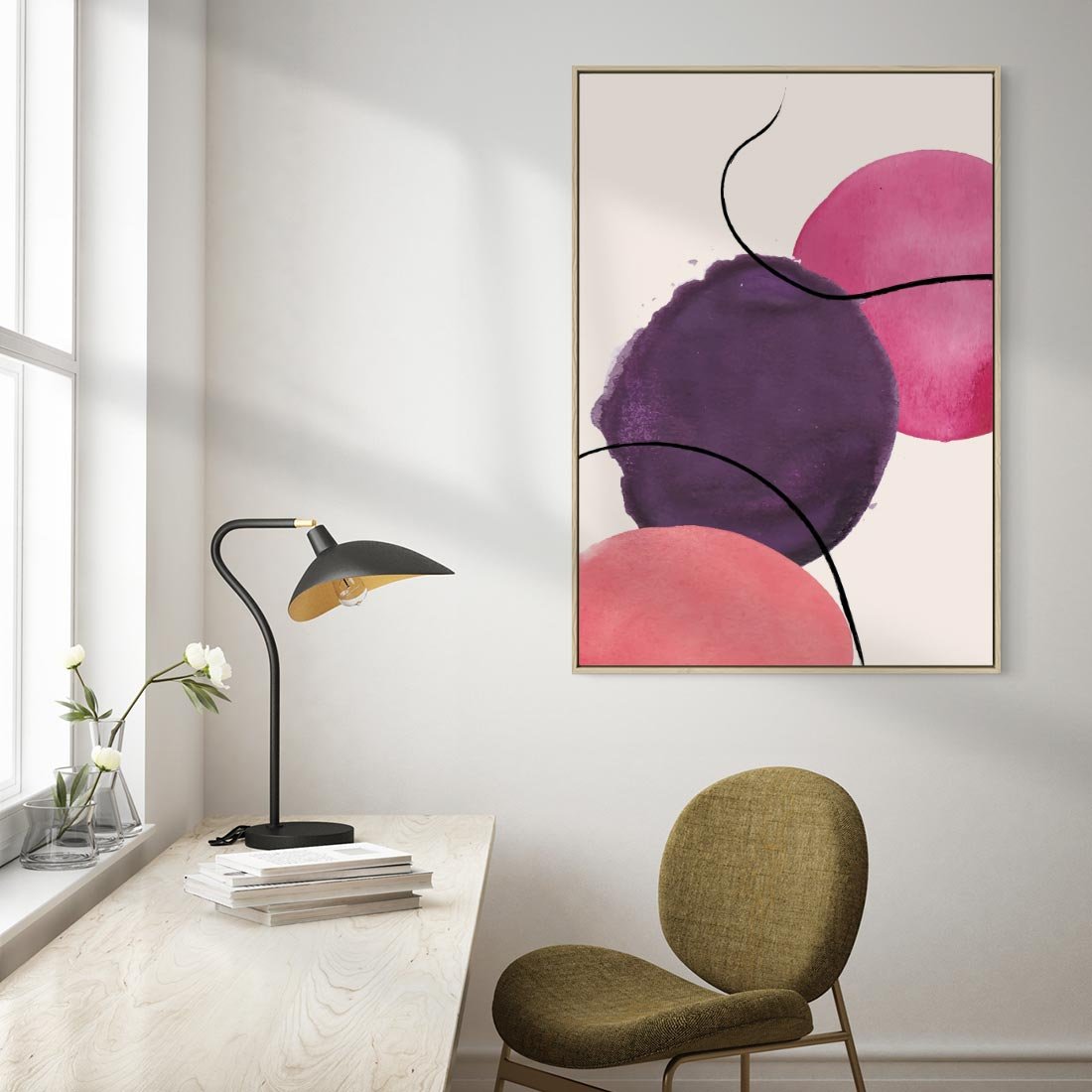 Obraz w ramie 80x120 - Migotliwe Widzenia - abstrakcyjne akwarelowe plamy, nieregularne linie - rama drewno