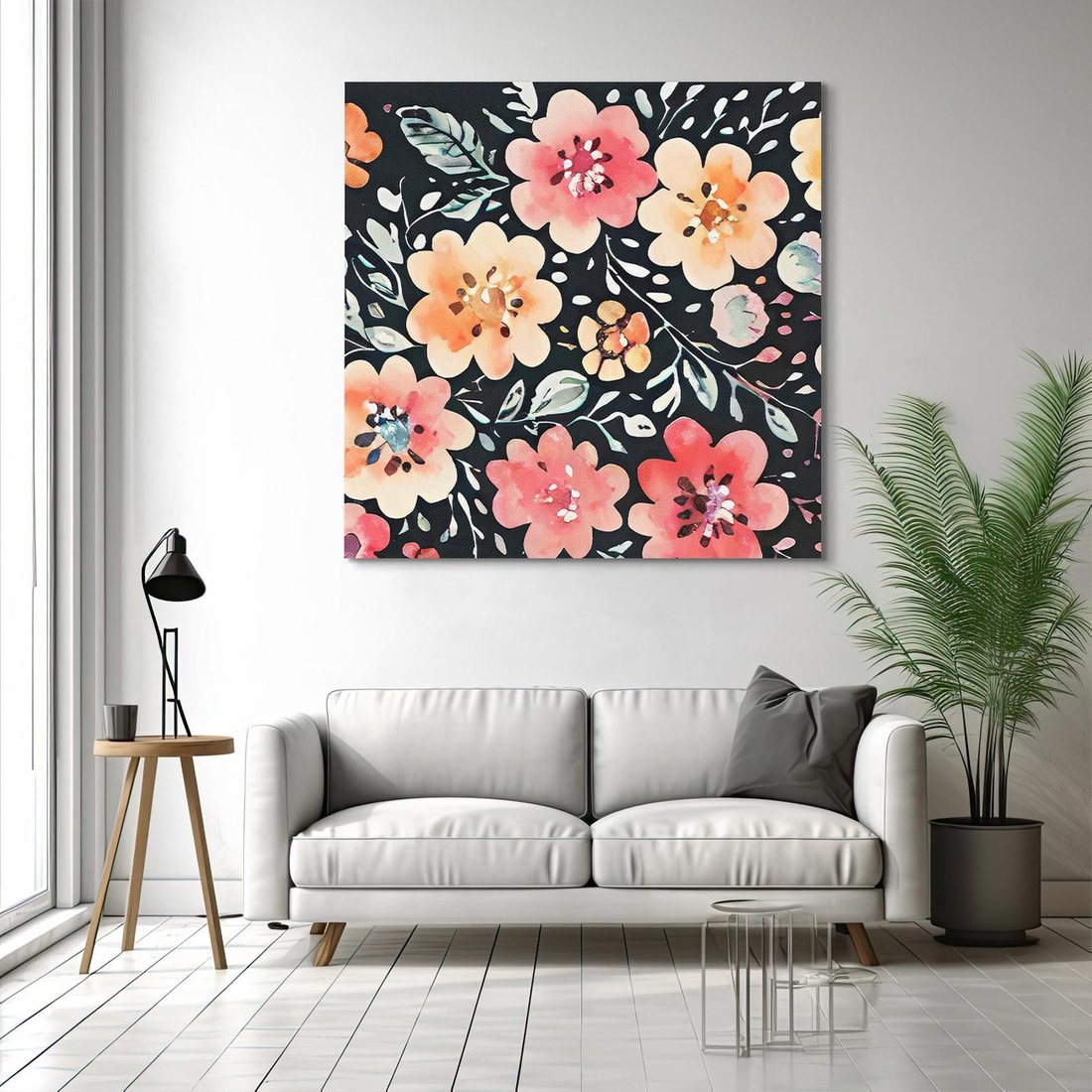 Obraz na płótnie 70x70 - Labirynty melancholii - akwarelowe, pastelowe kwiaty na czarnym tle