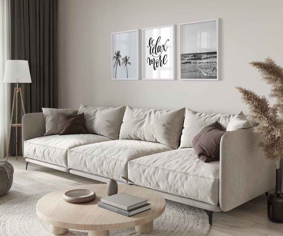 Zestaw obrazy w ramie 30x40 galeria - Plaża, palmy, relaks, typografia - rama biała