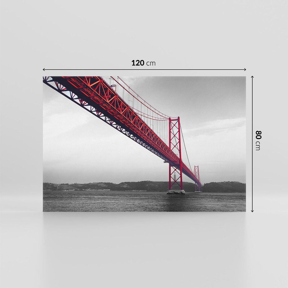 Obraz na płótnie 120x80 - Majestatyczny Most - czarno biała fotografia, czerwony stalowy most nad rzeką