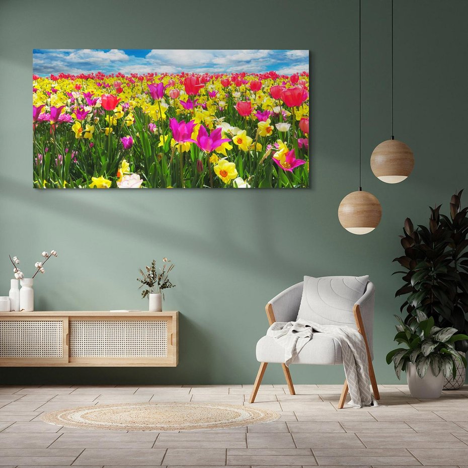 Obraz na płótnie 140x70 - tulipany na łące - kwiaty, tulipany