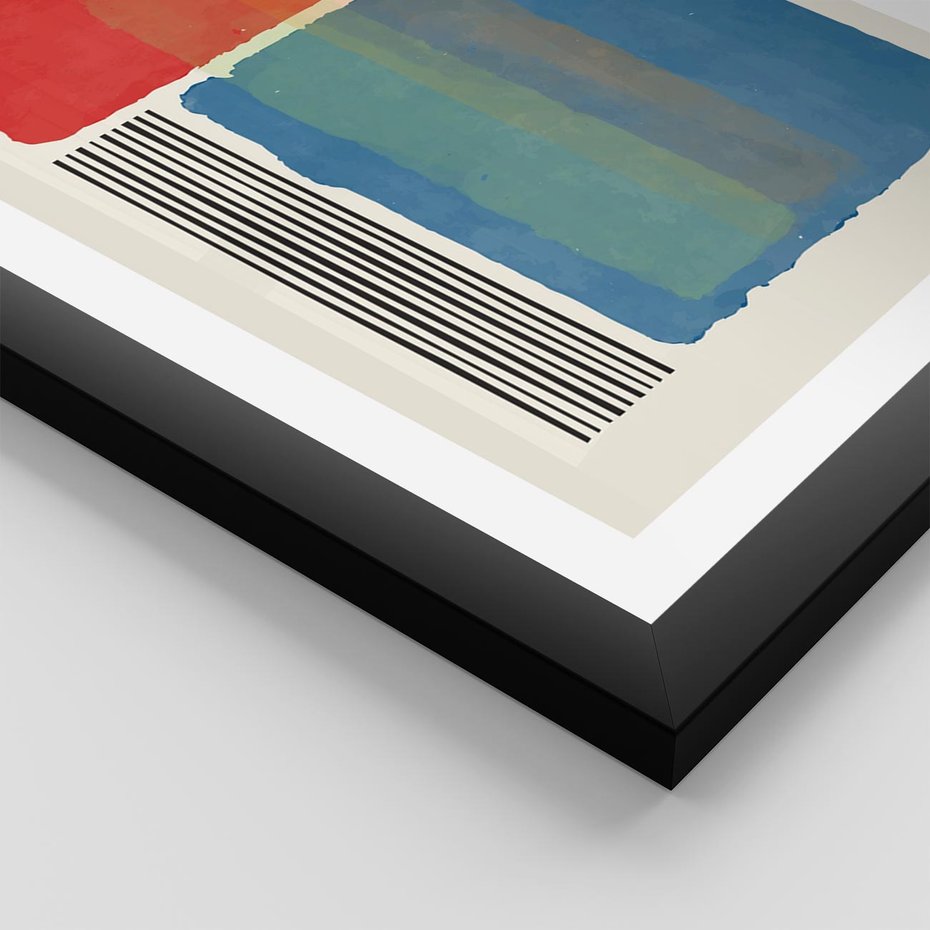 Plakat w ramie 40x50 - Kolorowe Spektrum - kolorowa geometria, prostokąty w intensywnych kształtach i czarne kreski - rama czarna