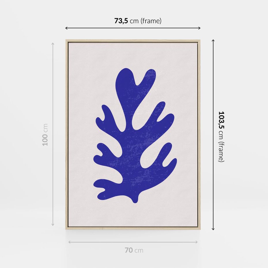Obraz w ramie 70x100 - Przenikająca Struktura - boho plakat, niebieski liść w intensywnym kolorze - rama drewno