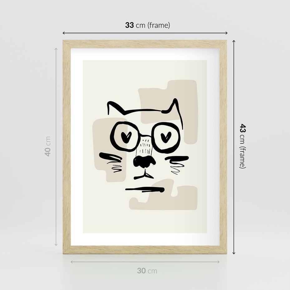 Plakat w ramie 30x40 - Minimalistyczny Kot: Czarna Kreska - kot, grafika - rama drewno