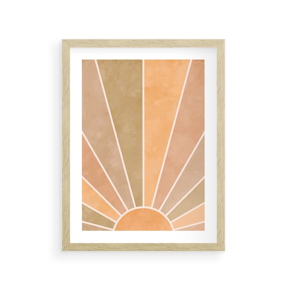 Plakat w ramie 30x40 - Grafika Boho w Odcieniach Pomarańczu - boho słońce, grafika - rama drewno