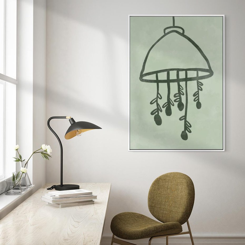 Obraz w ramie 80x120 - Zieleń Inspirującego Spokoju - plakat z abstrakcyjną zieloną lampą, skandynawski design - rama biała