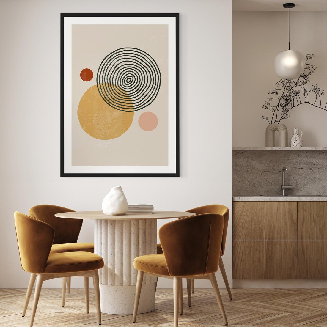 Plakat w ramie 50x70 - Boho Światło - abstrakcyjna sztuka, boho kształty - rama czarna