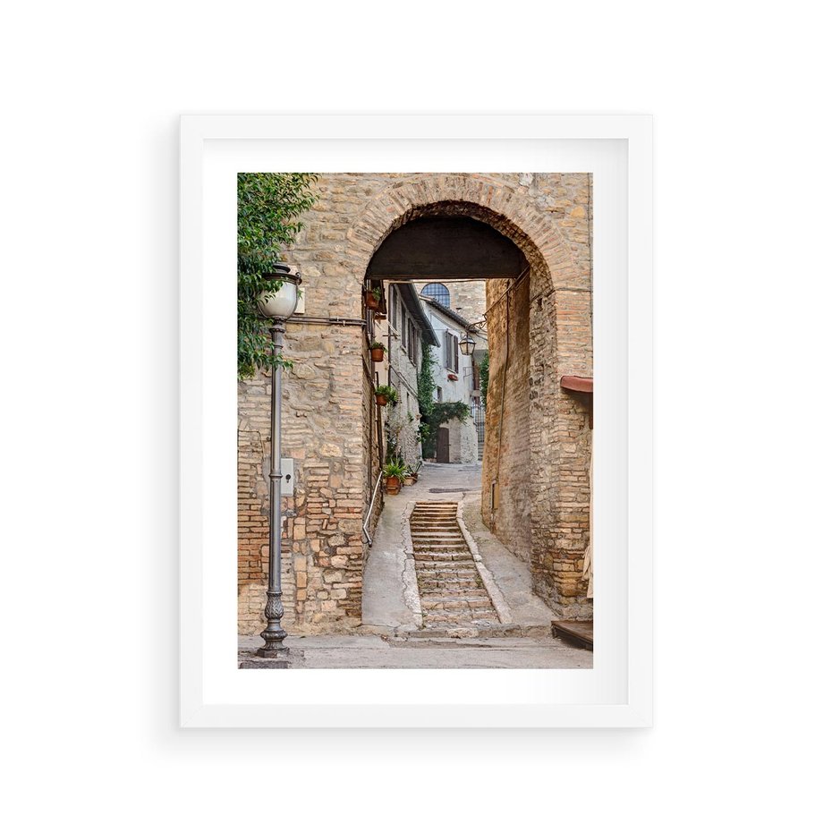 Plakat w ramie 30x40 - Klimatyczna Uliczka w Grecji - uliczka, Grecja - rama biała