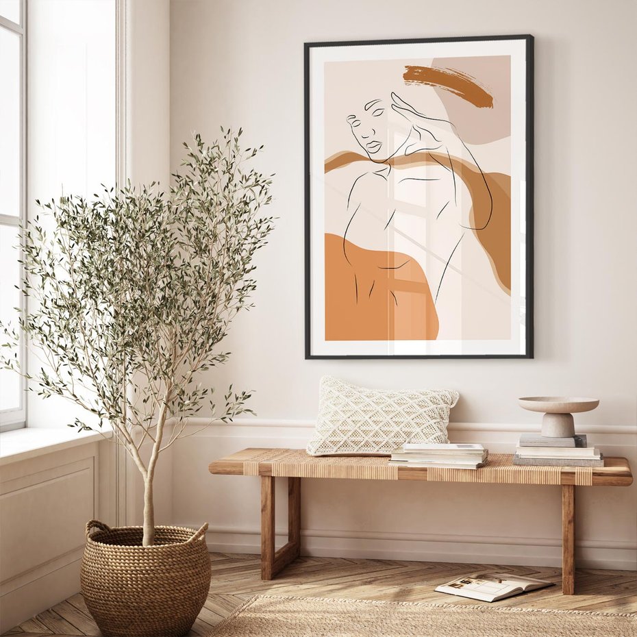 Plakat bez ramy 21x30 - Sztuka Piękna w Beżach i Brązach - szkic jedną linią, naga kobieta